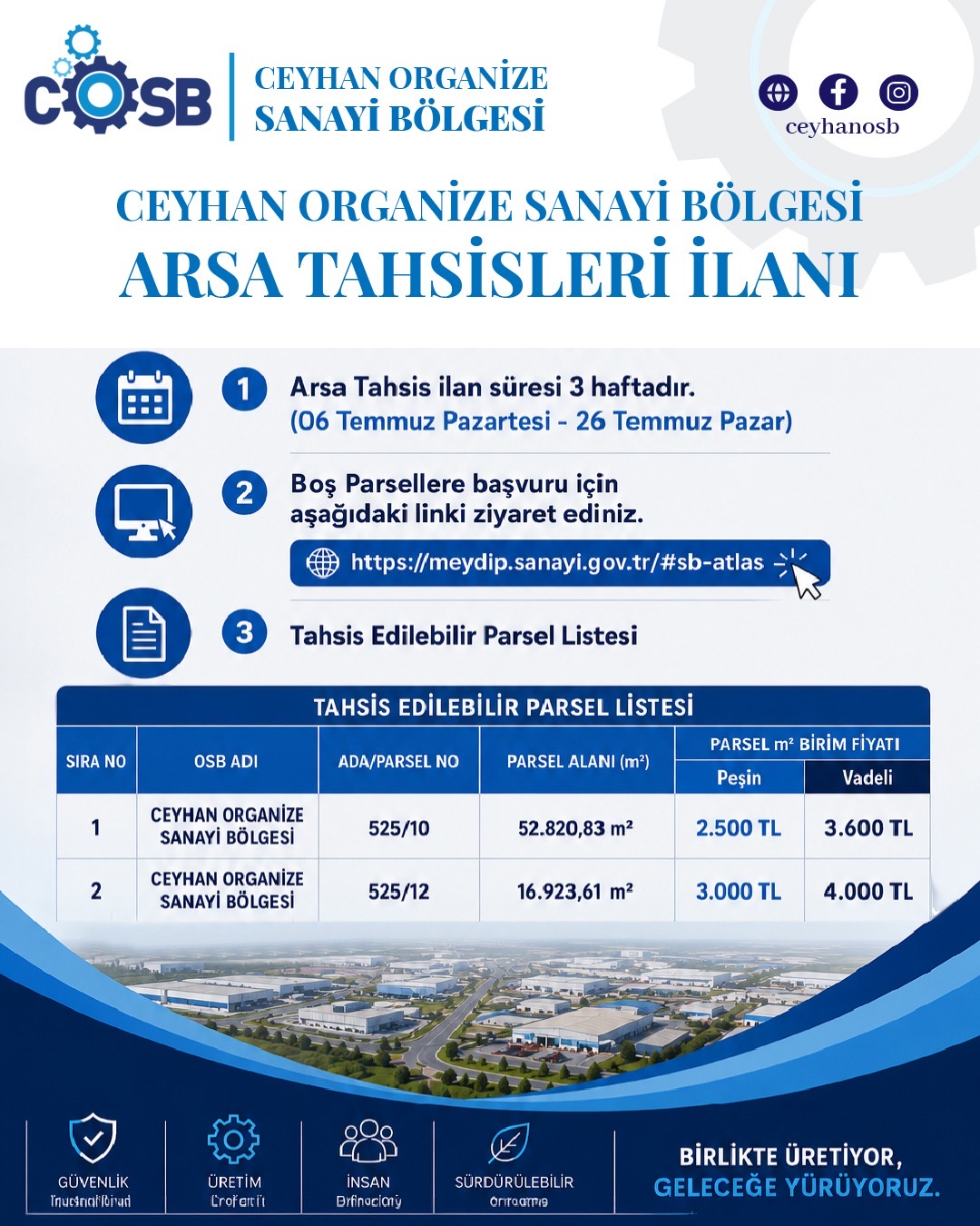 CEYHAN ORGANİZE SANAYİ BÖLGESİ ARSA TAHSİS İLANI